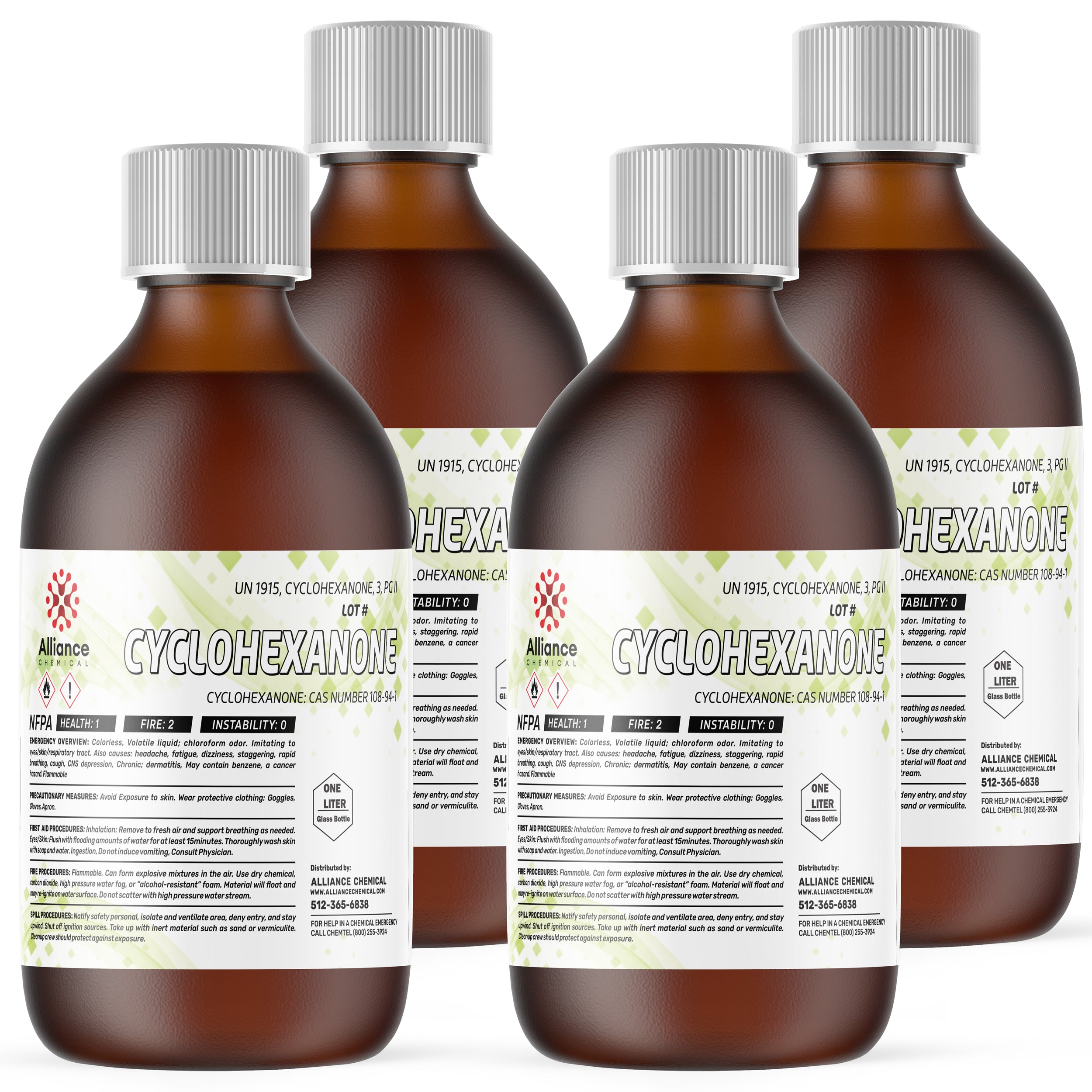 1-liter amber glass bottles of Cyclohexanone ACS grade reagent with NFPA health/fire labels, UN1915 marking, and Alliance Chemical safety information.